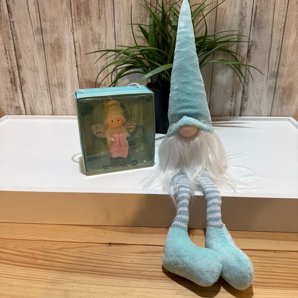 Blue Gnome Plush with Baby Angel “‘Tis A Gift From God” Ornament